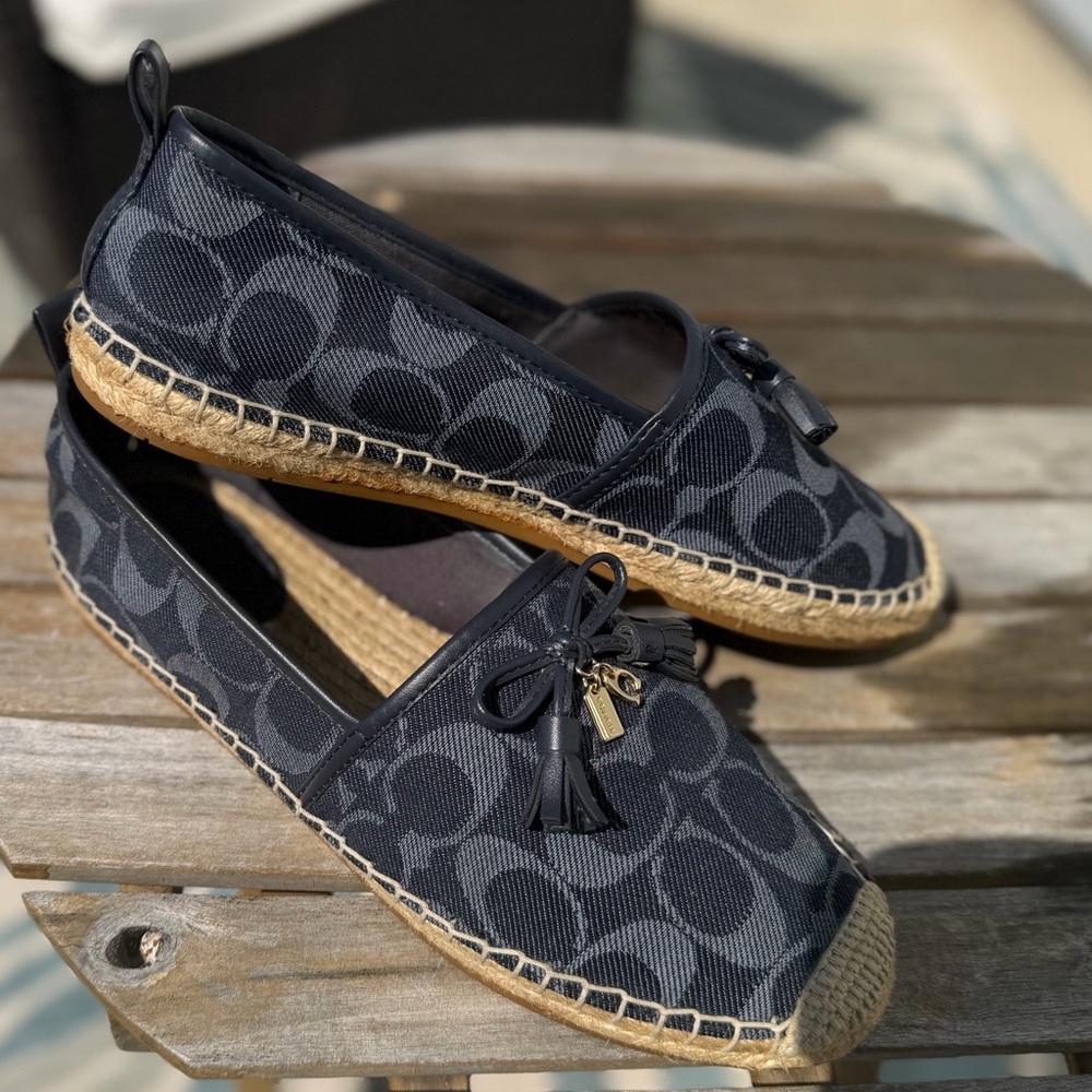 Coach Denim Signature Canvas Espadrille Slip-Ons with Tassel Charm
